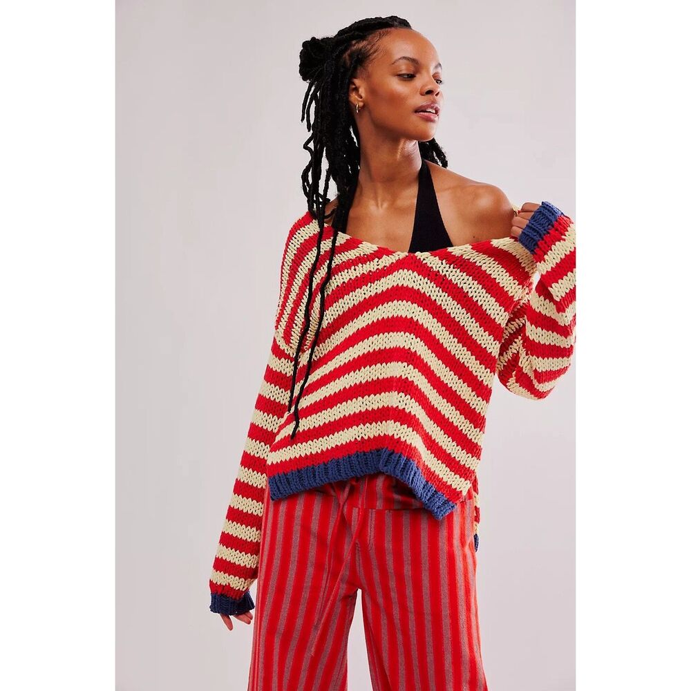 Free People Red and Cream Striped Sweater
